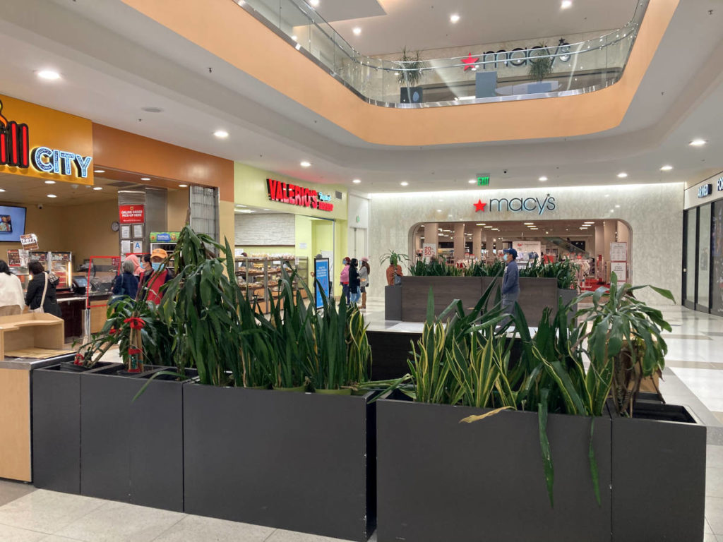 Inside upstairs at Eagle Rock Plaza looking toward Macy's on a Saturday afternoon, January 2021.