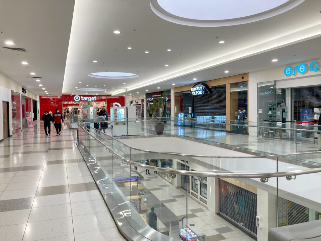 Inside upstairs at Eagle Rock Plaza looking toward Target on a Saturday afternoon, January 2021.