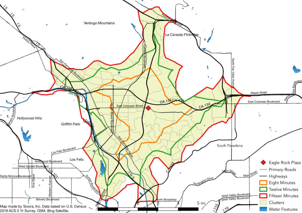 Service area map showing 8-, 12- and 15-minute drive time service areas for the subject property.